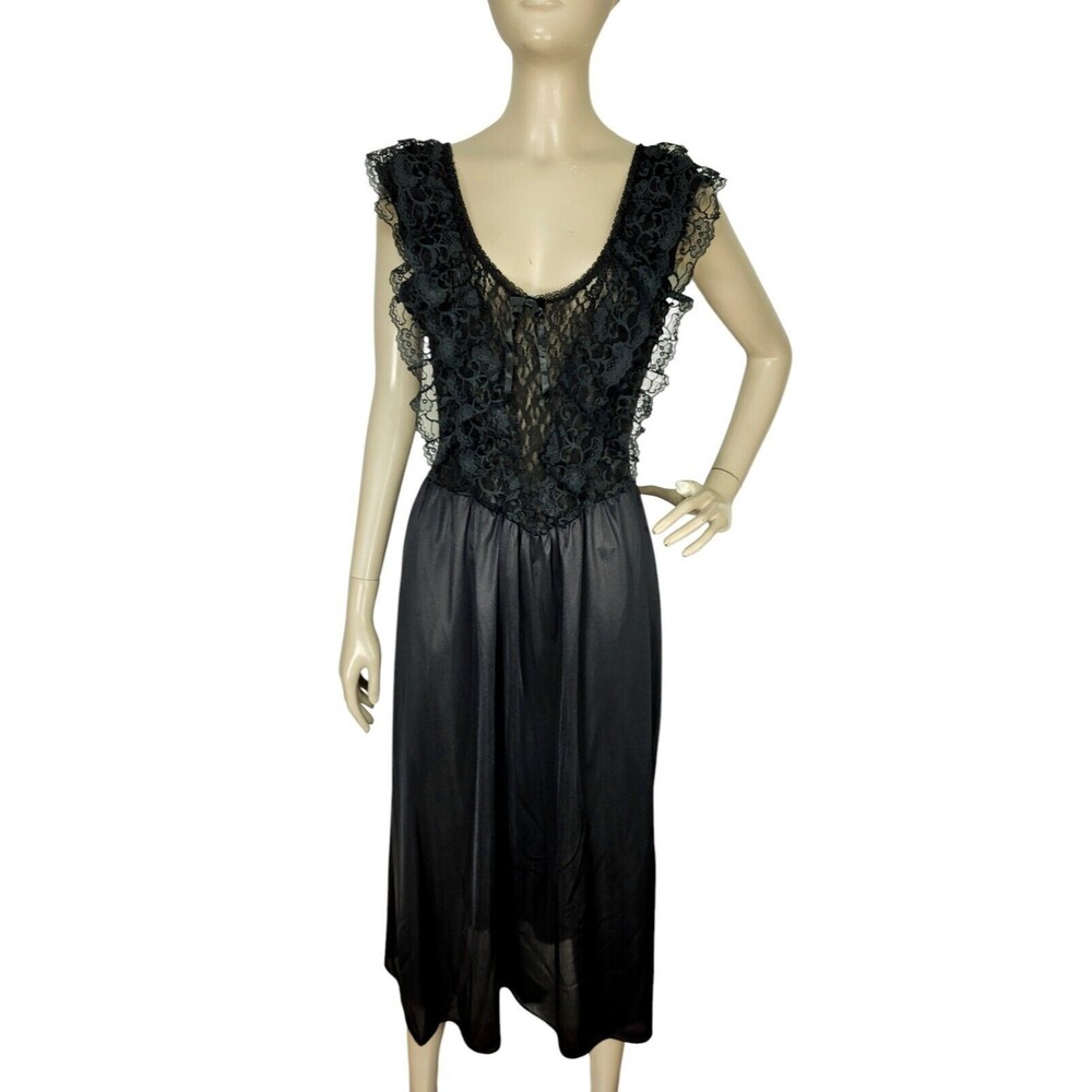 Vintage 80s Sexy Black Frilly Lace Peignoir Lingerie Nightgown Cinema Etoile S/M - Picture 3 of 8